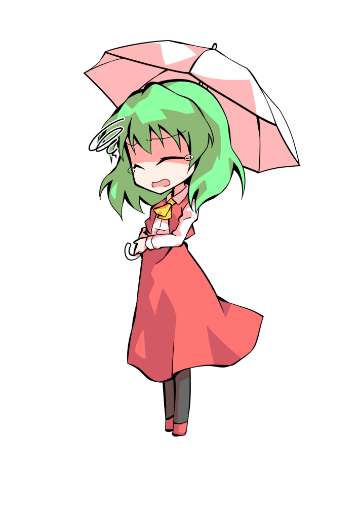 dairi, kazami yuuka, touhou, commentary request, large variant set, variant set, 1girl, ascot, chibi, chibi only, collared shirt, full body, green hair, hair between eyes, holding, holding umbrella, long skirt, long sleeves, medium hair, red skirt, red vest, shirt, skirt, solo, tachi-e, transparent background, umbrella, vest, white shirt, white umbrella, yellow ascot
