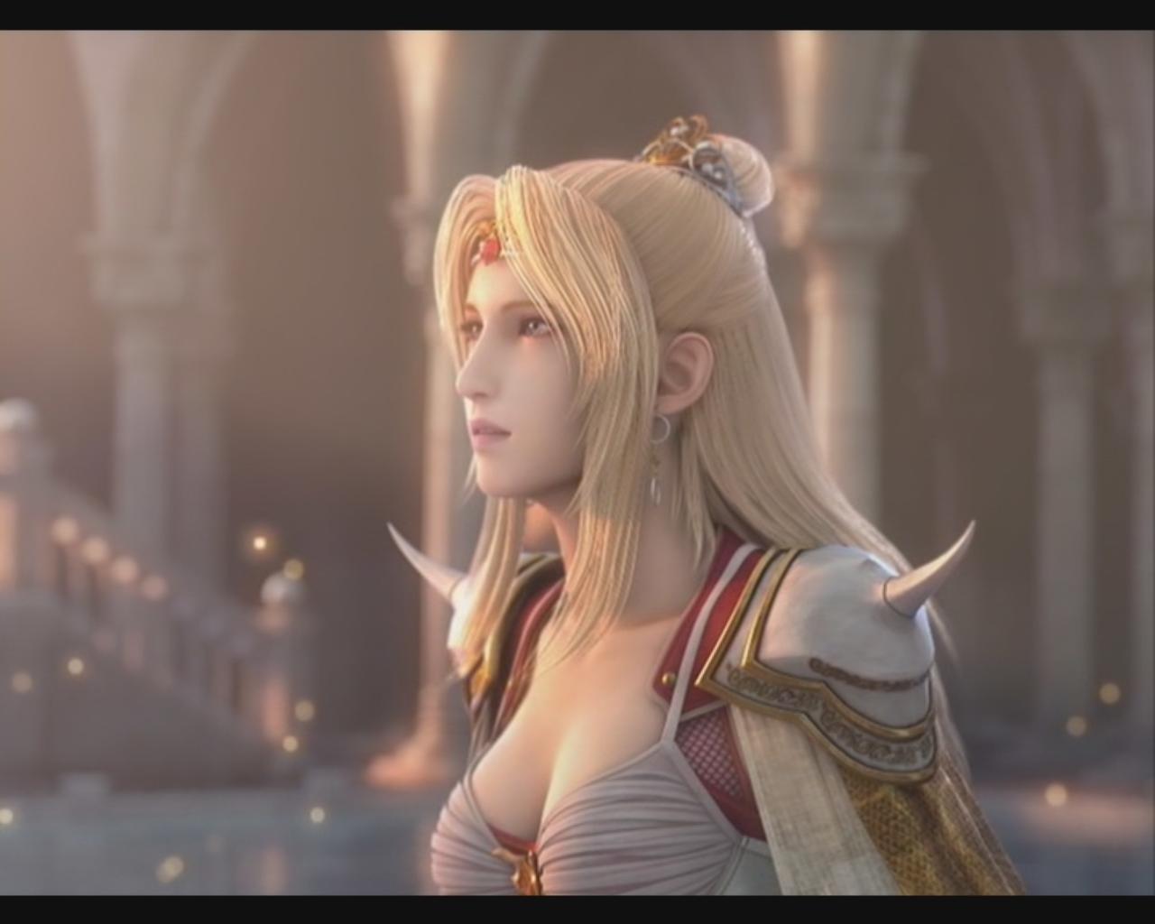 rosa farrell, final fantasy, final fantasy iv, screencap, official art, 1990s (style), 1girl, 3d, armor, blonde hair, breasts, cleavage, female focus, large breasts, letterboxed, long hair, retro artstyle, solo