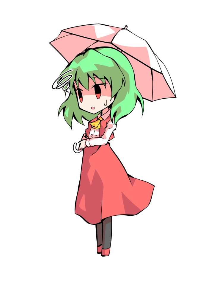 dairi, kazami yuuka, touhou, commentary request, large variant set, variant set, 1girl, ascot, chibi, chibi only, collared shirt, full body, green hair, hair between eyes, holding, holding umbrella, long skirt, long sleeves, medium hair, red skirt, red vest, shirt, skirt, solo, tachi-e, transparent background, umbrella, vest, white shirt, white umbrella, yellow ascot