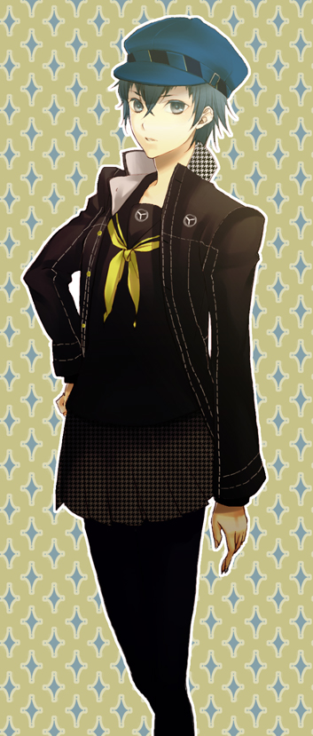 shirogane naoto, atlus, persona, persona 4, 1girl, androgynous, blue hair, female focus, hat, newsboy cap, pantyhose, reverse trap, school uniform, serafuku, short hair, solo, tomboy