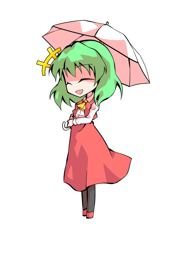 dairi, kazami yuuka, touhou, commentary request, large variant set, variant set, 1girl, ascot, chibi, chibi only, collared shirt, full body, green hair, hair between eyes, holding, holding umbrella, long skirt, long sleeves, medium hair, red skirt, red vest, shirt, skirt, solo, tachi-e, transparent background, umbrella, vest, white shirt, white umbrella, yellow ascot