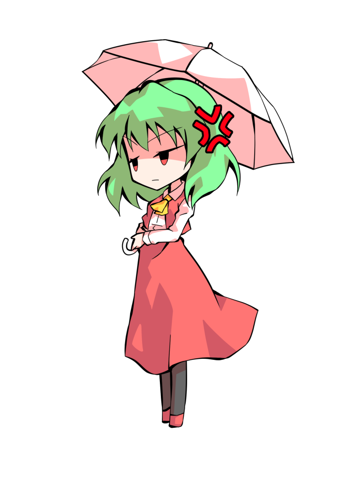 dairi, kazami yuuka, touhou, commentary request, large variant set, variant set, 1girl, ascot, chibi, chibi only, collared shirt, full body, green hair, hair between eyes, holding, holding umbrella, long skirt, long sleeves, medium hair, red skirt, red vest, shirt, skirt, solo, tachi-e, transparent background, umbrella, vest, white shirt, white umbrella, yellow ascot