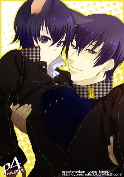 ichijou kou, shirogane naoto, atlus, persona, persona 4, 1boy, 1girl, androgynous, animal ears, blue eyes, blue hair, cat ears, hat, reverse trap, short hair