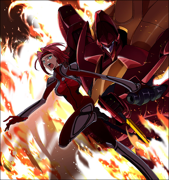 dalc rose, guren (code geass), guren mk-ii, kouzuki kallen, code geass, bad id, bad pixiv id, 00s, 1girl, aqua eyes, bodysuit, fire, mecha, open mouth, red hair, robot