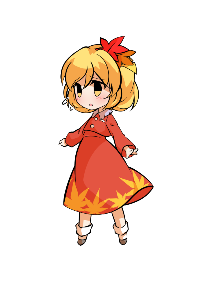 dairi, aki shizuha, touhou, commentary request, large variant set, variant set, 1girl, a-pose, autumn leaves, blonde hair, buttons, chibi, chibi only, contrast collar, full body, grey shoes, hair between eyes, hair ornament, leaf, leaf hair ornament, leaf print, legs apart, long skirt, outstretched arms, red skirt, shoes, short hair, skirt, socks, solo, tachi-e, transparent background, white socks