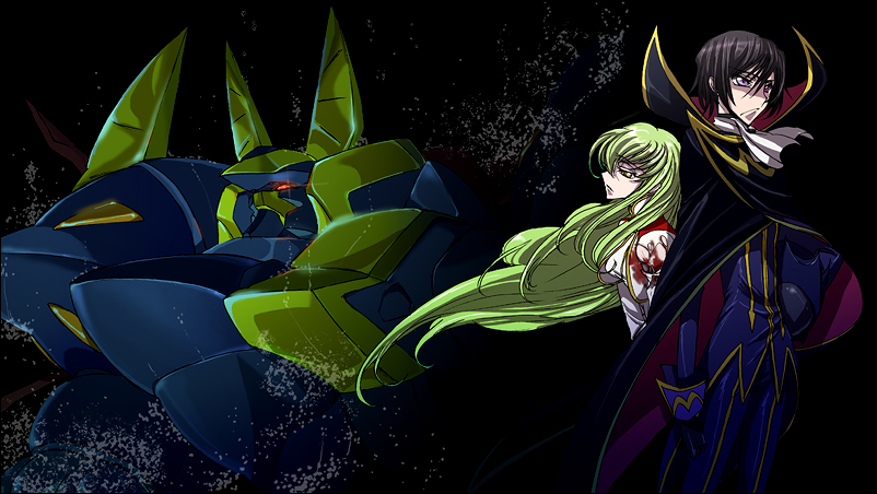 dalc rose, c.c., gawain (code geass), lelouch vi britannia, code geass, bad id, bad pixiv id, 00s, 1boy, 1girl, black hair, collar, dress, green hair, hand on own hip, long hair, long sleeves, looking at viewer, mecha, military, military uniform, pants, robot, very long hair, white dress
