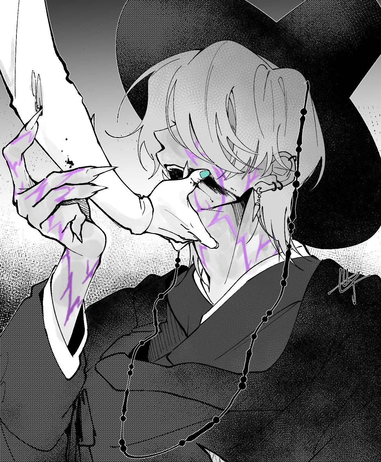 seza game, mystery (kpop demon hunters), zoey (kpop demon hunters), kpop demon hunters, highres, 1boy, 1girl, aqua nails, black hat, black robe, claws, facial mark, fangs, hair over eyes, hand on another's chin, hat, hetero, holding another's arm, korean clothes, limited palette, medium hair, nail polish, open mouth, robe, torn clothes, torn sleeves, upper body, white sleeves