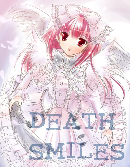 windia (deathsmiles), cave (developer), deathsmiles, 1girl, angel wings, bow, dress, female focus, gothic lolita, hair bow, lolita fashion, pink hair, solo, wings