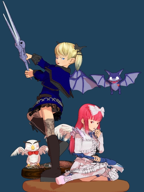 casper (deathsmiles), windia (deathsmiles), cave (developer), deathsmiles, 2girls, angel wings, bat wings, black panties, blonde hair, bow, dress, gothic lolita, hair bow, lolita fashion, multiple girls, panties, pantyshot, pink hair, scissors, thighhighs, twintails, underwear, wings, zettai ryouiki