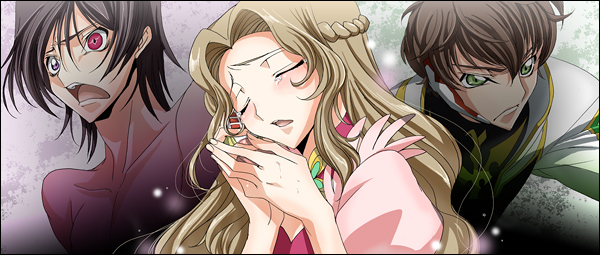 dalc rose, kururugi suzaku, lelouch vi britannia, nunnally vi britannia, code geass, 00s, 1girl, 2boys, blonde hair, brother and sister, brown hair, crying, geass, green eyes, hands on own face, long hair, multiple boys, purple eyes, shouting, siblings, topless female, very long hair