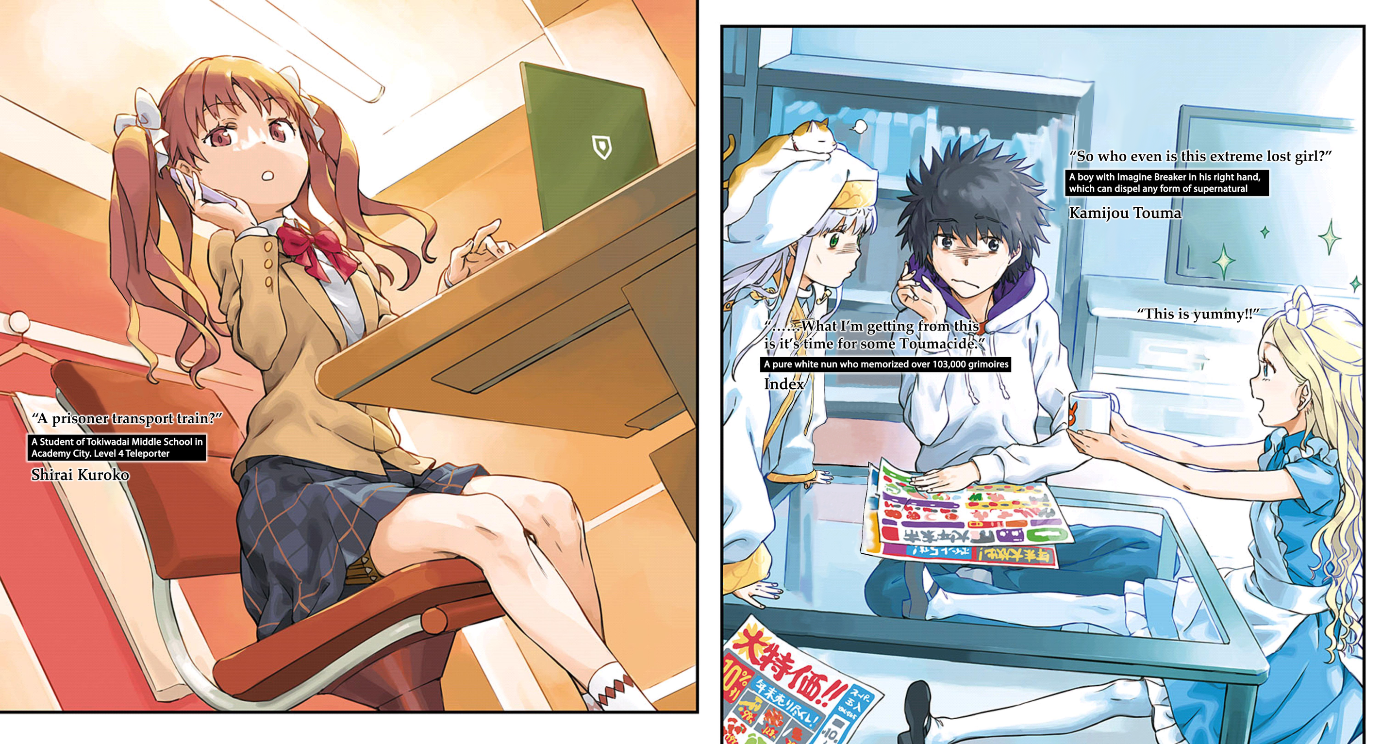 haimura kiyotaka, alice anotherbible, index (toaru majutsu no index), kamijou touma, shirai kuroko, toaru majutsu no index, toaru majutsu no index: genesis testament, highres, novel illustration, official art, 1boy, 3girls, apron, blonde hair, brown hair, jacket, multiple girls, nun, school uniform, sitting, skirt, tokiwadai school uniform