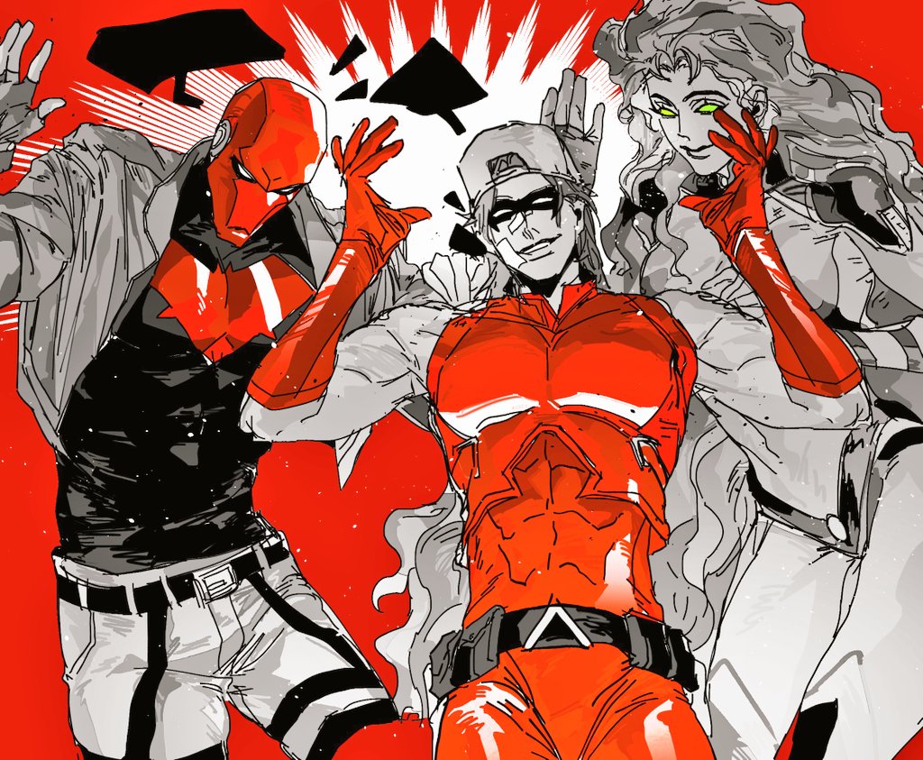 guoba7777, arsenal (dc), jason todd, red hood (dc), roy harper, batman (series), dc comics, 1girl, 2boys, baseball cap, bat signal, batman symbol, belt, black bodysuit, black gloves, bodysuit, breasts, bridgeless bra, brown jacket, cleavage, colored sclera, colored skin, domino mask, fiery hair, gloves, green eyes, green sclera, grey bodysuit, hat, jacket, large breasts, long hair, looking at viewer, male focus, mask, multiple boys, muscular, muscular male, navel, open clothes, orange hair, pants, red bodysuit, red hair, red hood and the outlaws, red mask, revealing clothes, smile, starfire (2011 costume), superhero costume, taut bodysuit, two-tone bodysuit, utility belt, very long hair