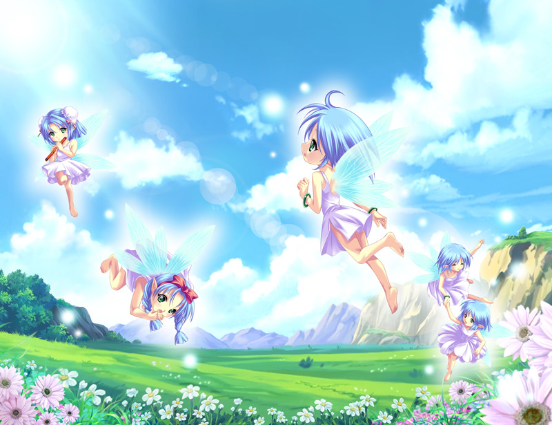 wonderland online, blue hair, bracelet, cloud, dress, fairy, field, flower, flute, flying, glowing, green eyes, instrument, jewelry, mini person, minigirl, sky, sunlight, wings