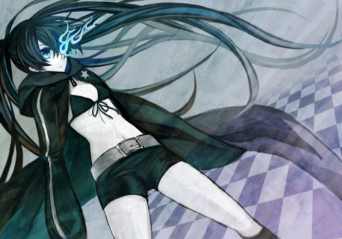 osamu (jagabata), black rock shooter (character), hatsune miku, black rock shooter, vocaloid, bad id, bad pixiv id, 10s, 1girl, belt, bikini, bikini top only, female focus, long hair, short shorts, shorts, solo, swimsuit, twintails