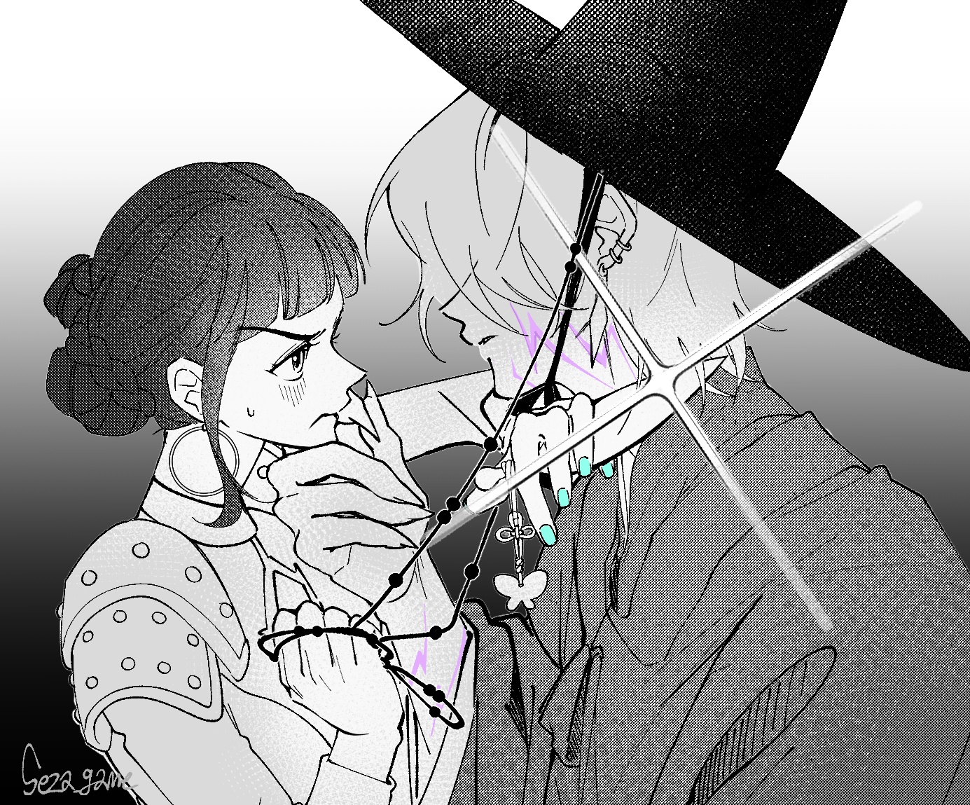 seza game, mystery (kpop demon hunters), zoey (kpop demon hunters), kpop demon hunters, 1boy, 1girl, aqua nails, armor, black hair, black hat, black robe, blunt bangs, blush, clenched hand, double bun, earrings, fingernails, frown, furrowed brow, hair bun, hair over eyes, hand on another's chin, hat, hetero, holding, holding knife, jewelry, knife, korean clothes, limited palette, looking at another, medium hair, multiple earrings, nail polish, parted lips, robe, sharp fingernails, shoulder armor, sparkle, sweatdrop, twitter username, upper body