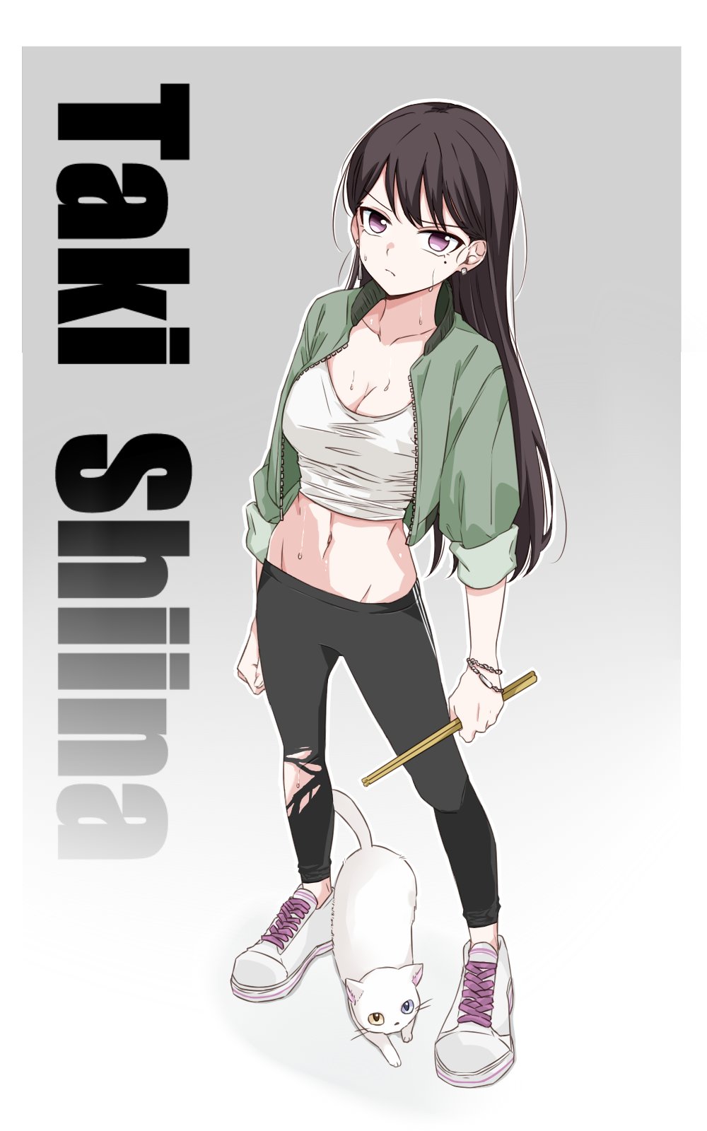 porinki, kaname raana, shiina taki, bang dream!, bang dream! it's mygo!!!!!, commentary, highres, 1girl, animalization, black hair, black pants, bracelet, breasts, cat, cleavage, closed mouth, cropped shirt, earrings, green jacket, grey background, jacket, jewelry, long hair, looking at viewer, medium breasts, midriff, mismatched earrings, navel, open clothes, open jacket, pants, purple eyes, raana the cat, shirt, shoes, solo, sweat, torn clothes, torn pants, white shirt, white shoes
