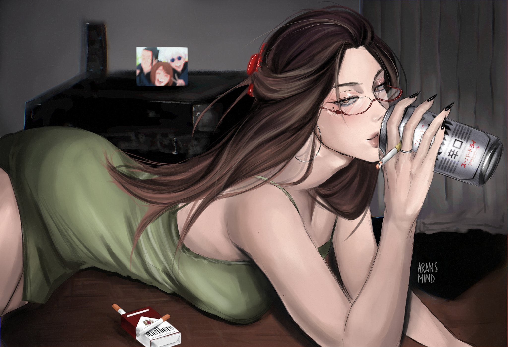 getou suguru, gojou satoru, ieiri shoko, jujutsu kaisen, marlboro, highres, ibispaint (medium), 1girl, alternate hairstyle, aransmind, artist name, bare shoulders, black nails, brown hair, cigarette, cigarette pack, claw hair clip, curtains, dress, drinking, earrings, flashlight, floor, green dress, hair ornament, hair slicked back, hairclip, hoop earrings, indoors, jewelry, long hair, mole, mole on hand, mole under eye, nail polish, night, photo (object), rectangular eyewear, red-framed eyewear, ring, semi-rimless eyewear, short dress, spaghetti strap