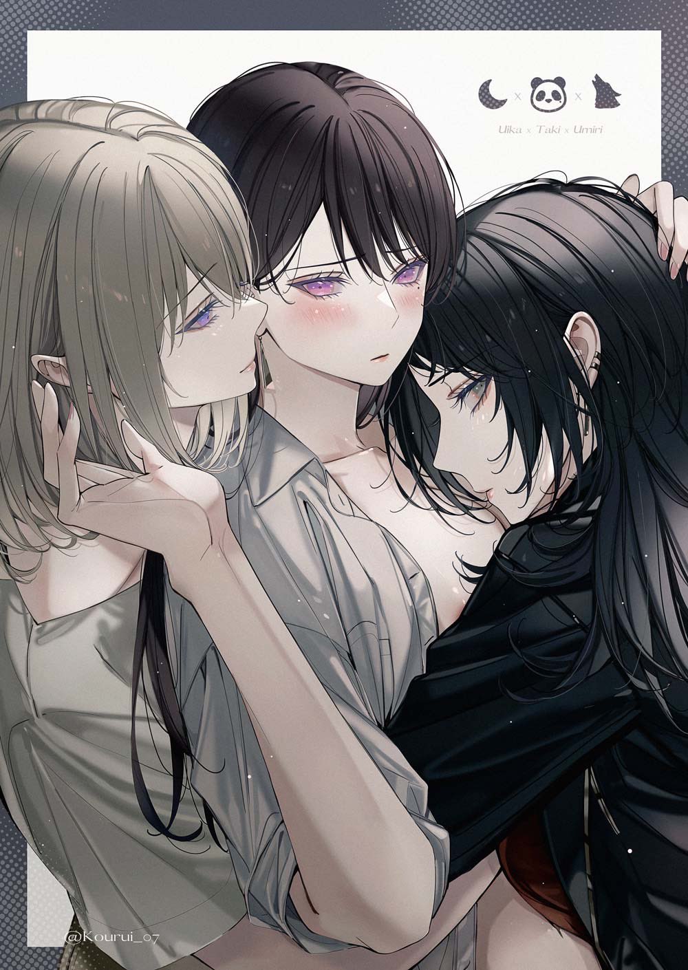 blackfangs, misumi uika, shiina taki, yahata umiri, bang dream!, bang dream! it's mygo!!!!!, commentary request, highres, 3girls, areola slip, black hair, black jacket, blonde hair, blush, closed mouth, earclip, earrings, fff threesome, girl sandwich, group sex, hug, jacket, jewelry, long hair, medium hair, mole, mole under eye, multiple girls, purple eyes, red shirt, sandwiched, shirt, short sleeves, threesome, white jacket, yuri