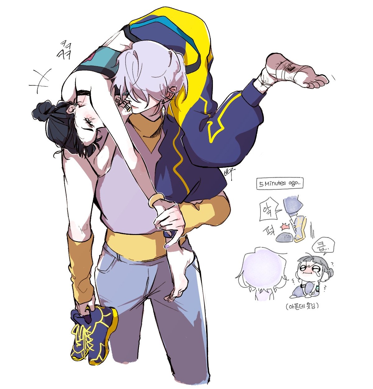 seza game, mystery (kpop demon hunters), zoey (kpop demon hunters), kpop demon hunters, highres, 1boy, 1girl, aqua shirt, baggy pants, bandaged foot, bandages, bangle, bare shoulders, barefoot, black choker, black hair, blush, bracelet, camisole, carrying, carrying over shoulder, carrying person, choker, couple, detached sleeves, double bun, earrings, grey hair, grey pants, grey shirt, hair bun, hair over eyes, hetero, holding, holding hands, holding shoes, holding unworn clothes, jewelry, medium hair, multiple rings, pants, ring, shirt, shirt under shirt, shoes, short bangs, tears, unworn shoes, white background, yellow shirt, yellow sleeves