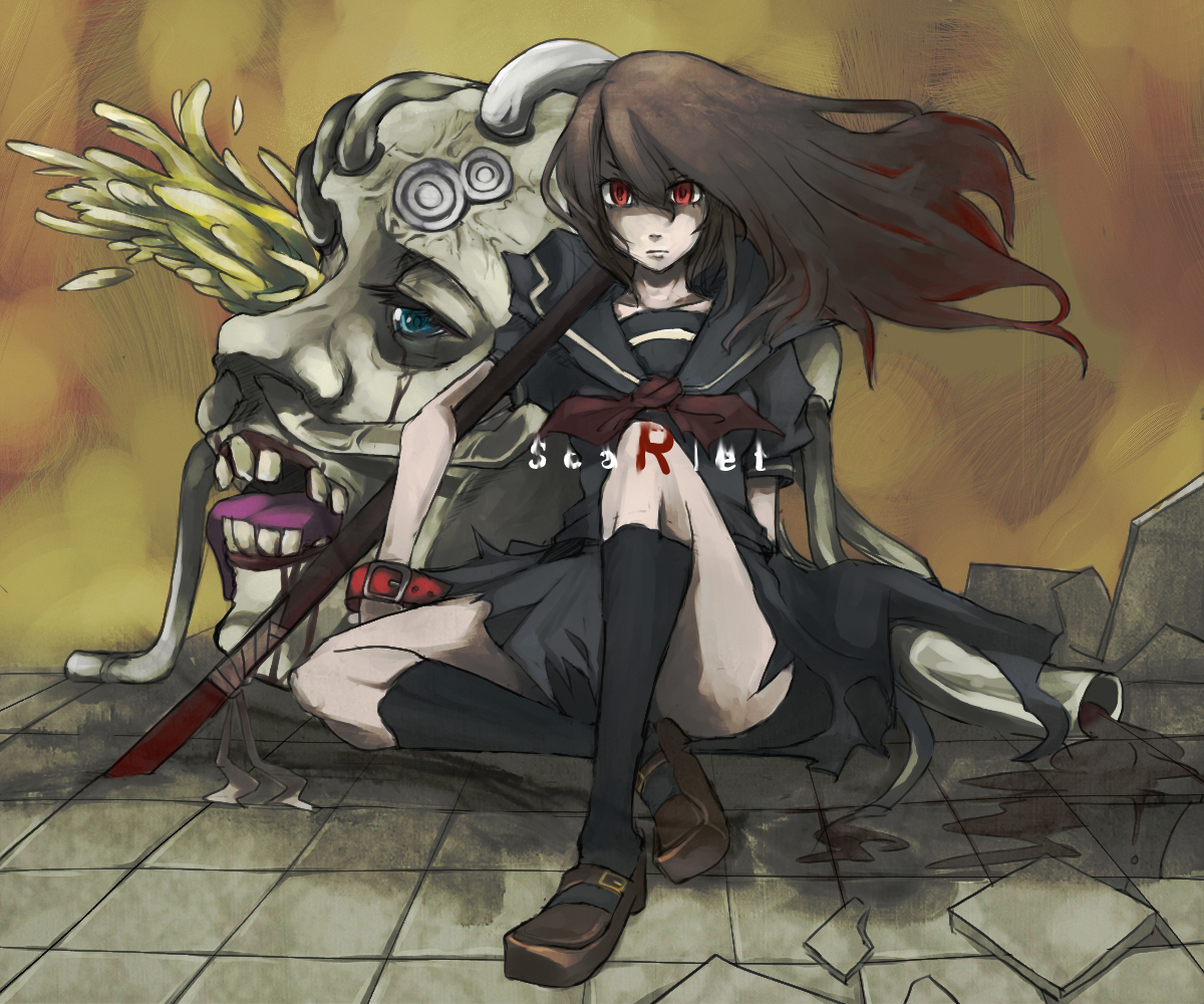 tansuke, original, blood, brown hair, long hair, monster, red eyes, school uniform, serafuku, socks, solo