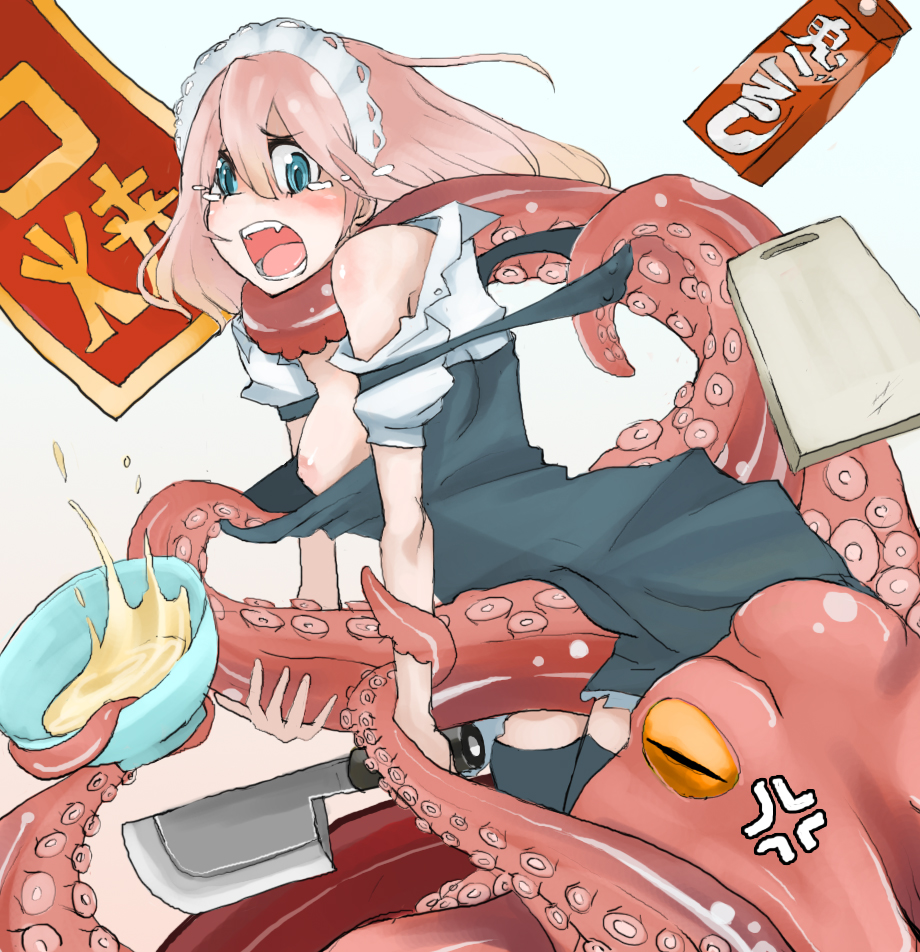 tansuke, takagi (tansuke), original, 1girl, anger vein, apron, aqua eyes, assisted exposure, blue eyes, blush, breasts, breasts out, cleaver, crying, crying with eyes open, fang, female focus, imminent rape, knife, long hair, maid, maid apron, maid headdress, molestation, nipples, octopus, pink hair, pulling at clothes, simple background, small breasts, solo, tearing clothes, tears, teeth, tentacles, thighhighs, torn clothes, undressing, you gonna get raped