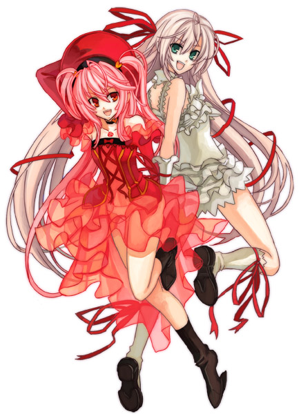 osamu (jagabata), al azif (demonbane), another blood, demonbane, bad id, bad pixiv id, 00s, ahoge, boots, dress, green eyes, hat, long hair, pink hair, red eyes, ribbon, smile, socks