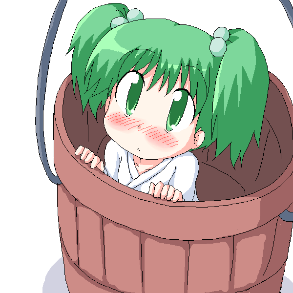geetsu, kisume, touhou, 1girl, blush, bucket, female focus, green eyes, green hair, hair bobbles, hair ornament, in bucket, in container, oekaki, solo, twintails, white background