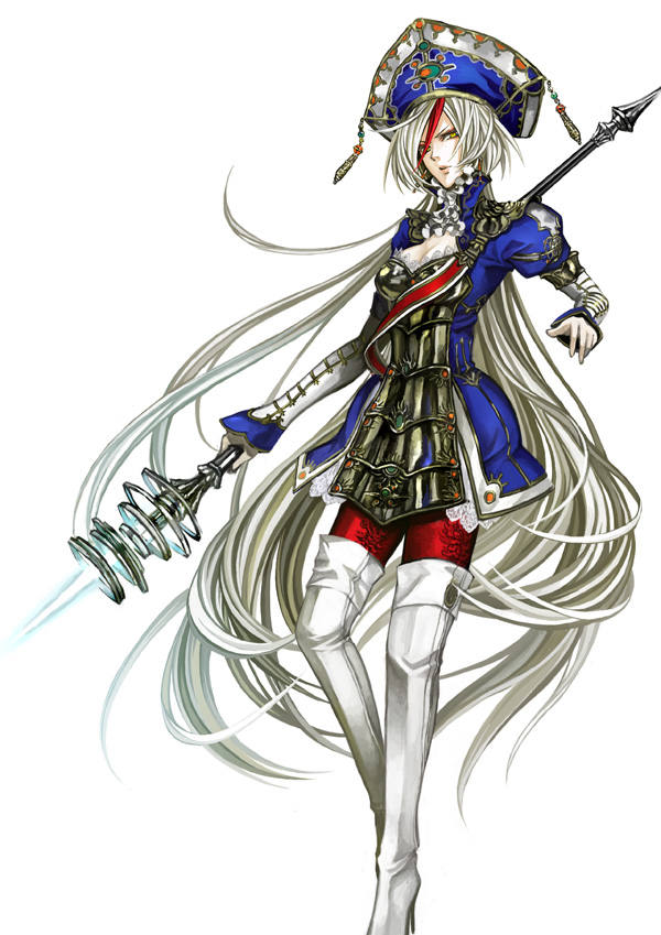 osamu (jagabata), astharoshe asran, trinity blood, silver hair, 00s, boots, hat, long hair, polearm, solo, spear, thigh boots, thighhighs, very long hair, weapon, yellow eyes