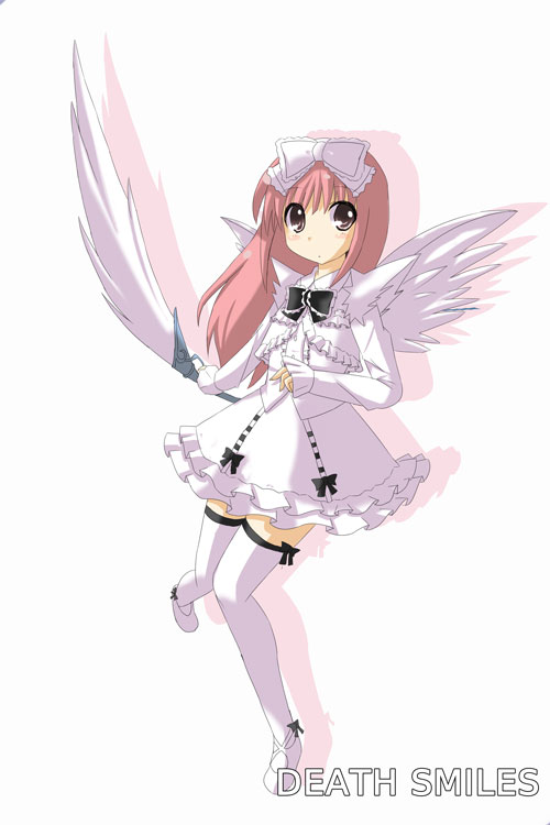 putiren, windia (deathsmiles), cave (developer), deathsmiles, 1girl, angel wings, bow, dress, female focus, gothic lolita, hair bow, lolita fashion, pink hair, solo, thighhighs, wings, zettai ryouiki