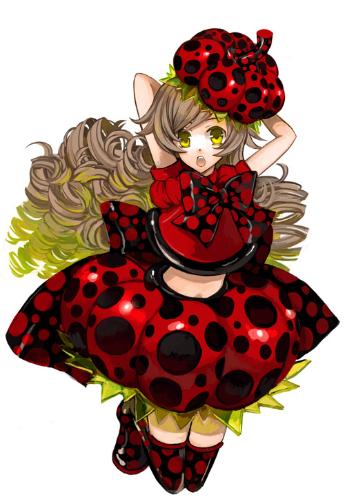 osamu (jagabata), original, bad id, bad pixiv id, brown hair, drill hair, hat, jumping, long hair, polka dot, solo, thighhighs, very long hair, yellow eyes