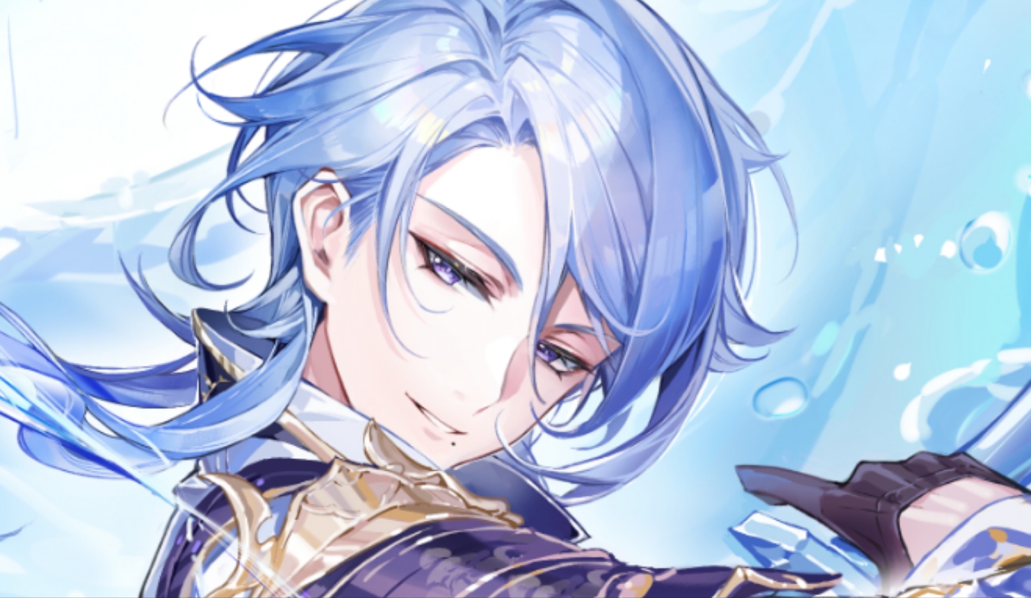 zukiyn, kamisato ayato, genshin impact, chinese commentary, 1boy, armor, black gloves, blue hair, gloves, hair between eyes, half gloves, holding, holding sword, holding weapon, japanese armor, long sleeves, looking at viewer, looking to the side, male focus, medium hair, mole, mole under mouth, parted lips, portrait, purple eyes, shoulder armor, smile, sode, solo, sword, water, water drop, weapon, white background