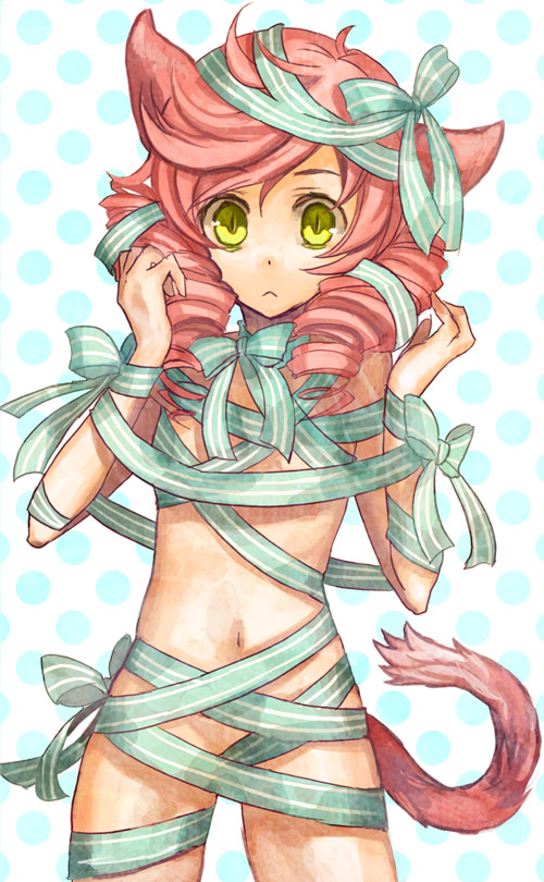 osamu (jagabata), bad id, bad pixiv id, animal ears, cat ears, drill hair, naked ribbon, pink hair, ribbon, solo, yellow eyes