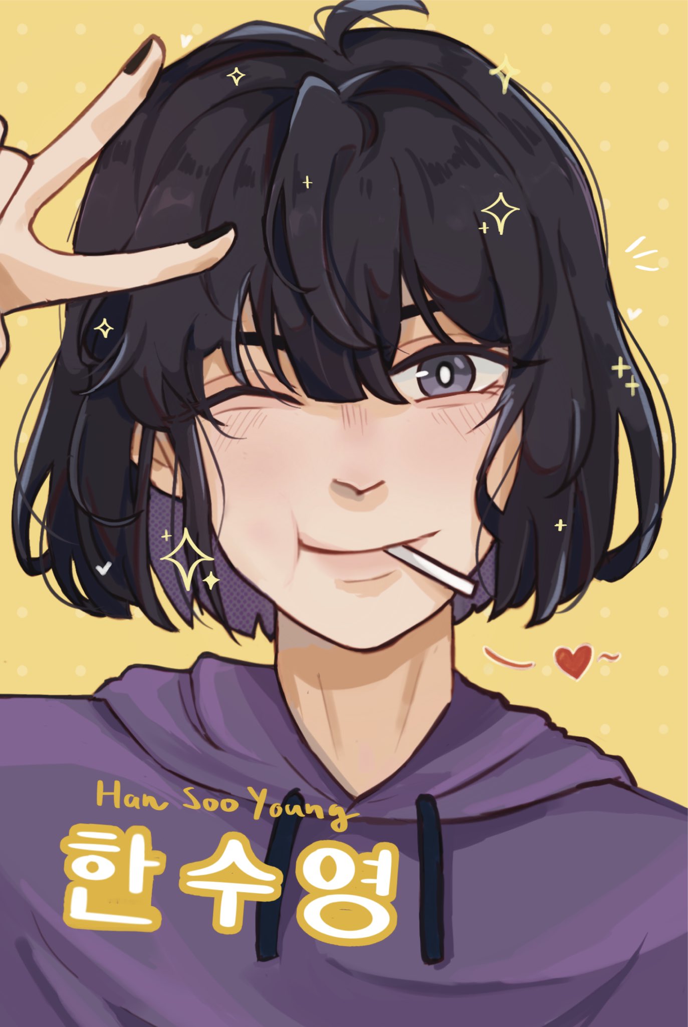 han sooyoung, omniscient reader's viewpoint, highres, 1girl, ;), black hair, bob cut, colored inner hair, hand up, head tilt, heart, hood, hood down, hoodie, lighht06, lollipop in mouth, looking at viewer, multicolored hair, one eye closed, portrait, purple eyes, purple hoodie, short hair, smile, solo, sparkle, v