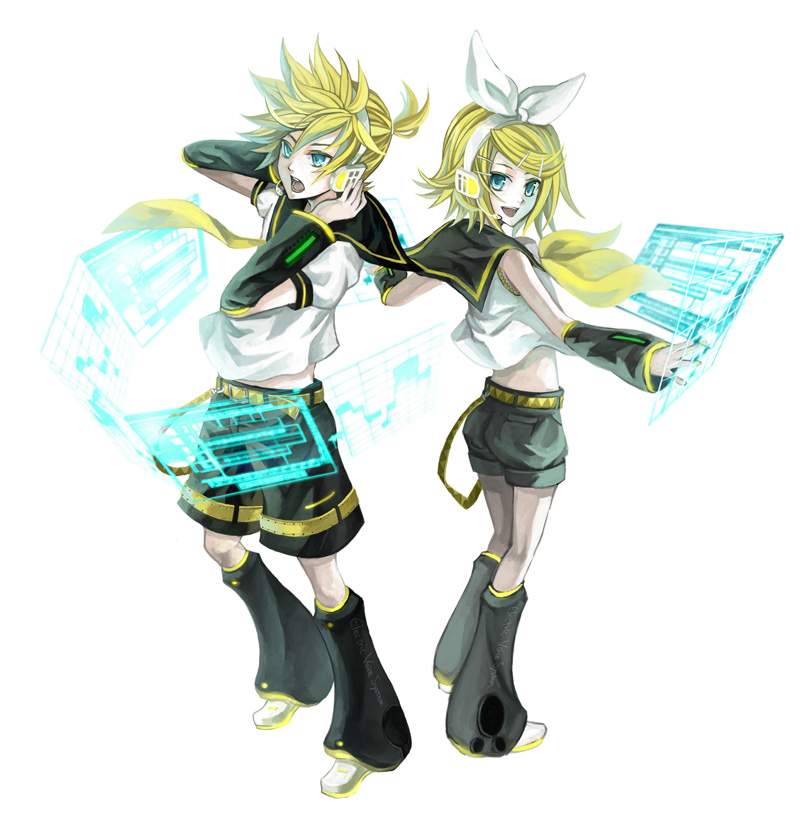 osamu (jagabata), kagamine len, kagamine rin, vocaloid, bad id, bad pixiv id, 1boy, 1girl, blonde hair, blue eyes, brother and sister, headphones, short hair, shorts, siblings, twins