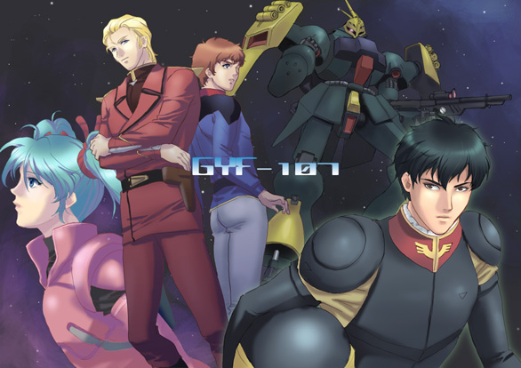 izumi rion, amuro ray, char aznable, gyunei guss, jagd doga, jagd doga gyunei custom, quess paraya, char's counterattack, gundam, pilot suit, 1girl, 3boys, helmet, holding, holding unworn helmet, mecha, mecha pilot suit, multiple boys, normal suit (gundam), robot, unworn headwear, unworn helmet