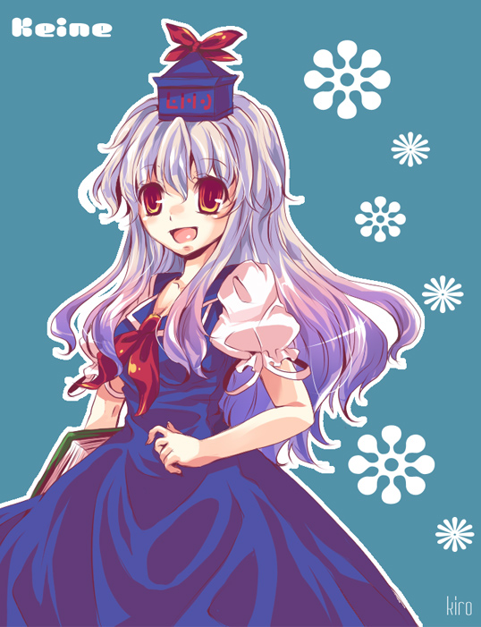 kirero, kamishirasawa keine, touhou, bad id, bad pixiv id, 1girl, blue hair, book, female focus, hat, long hair, ribbon, solo