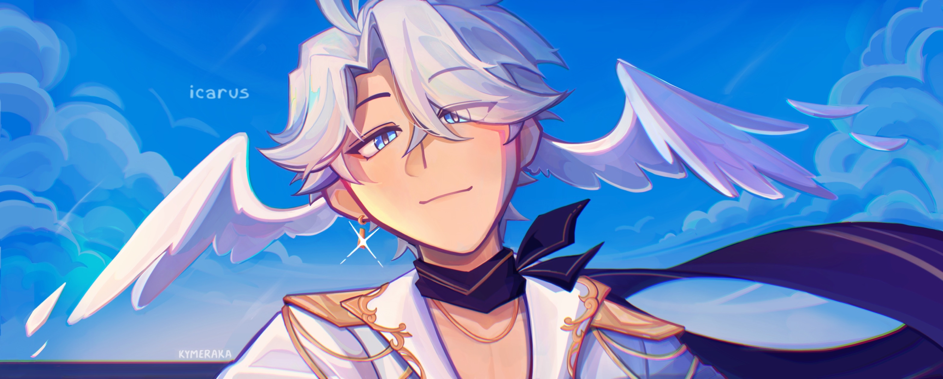nice (to be hero x), to be hero, to be hero x, highres, 1boy, blue eyes, cloud, cloudy sky, coat, crossed bangs, curtained hair, day, earrings, english text, epaulettes, falling feathers, feathers, hair between eyes, head tilt, head wings, horizon, jewelry, kymeraka, light smile, looking at viewer, male focus, necklace, open clothes, open coat, popped collar, portrait, scarf, short hair, single earring, sky, solo, sparkle, white coat, white hair, wings