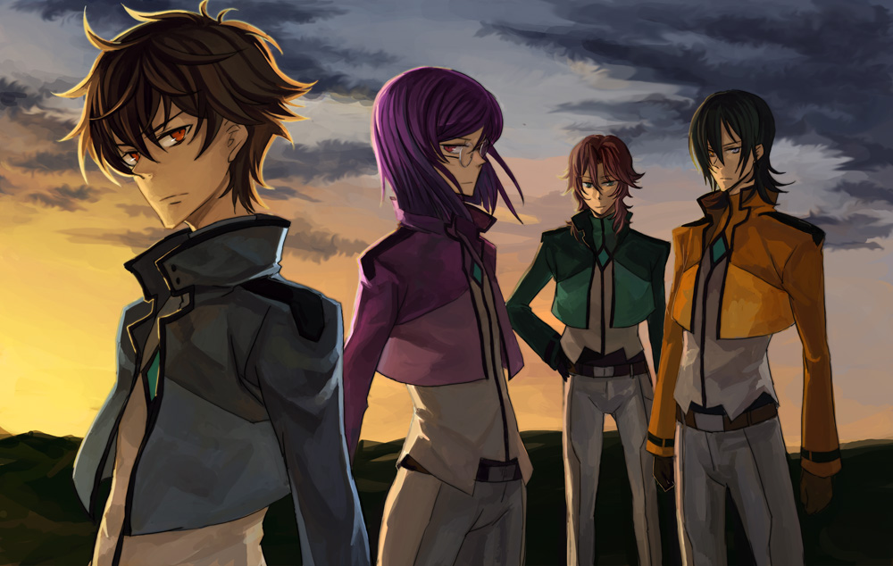 osamu (jagabata), allelujah haptism, hallelujah haptism, lockon stratos, lyle dylandy, setsuna f. seiei, tieria erde, gundam, gundam 00, bad id, bad pixiv id, 00s, 4boys, ahoge, belt, brown gloves, buckle, capelet, expressionless, glasses, gloves, male focus, military, military uniform, multiple boys, red eyes, rimless eyewear, standing, sunset
