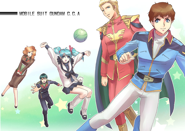 izumi rion, amuro ray, char aznable, gyunei guss, haro, nanai miguel, quess paraya, char's counterattack, gundam, 2girls, 3boys, blue hair, jumping, military, military uniform, multiple boys, multiple girls, short twintails, skirt, socks, twintails