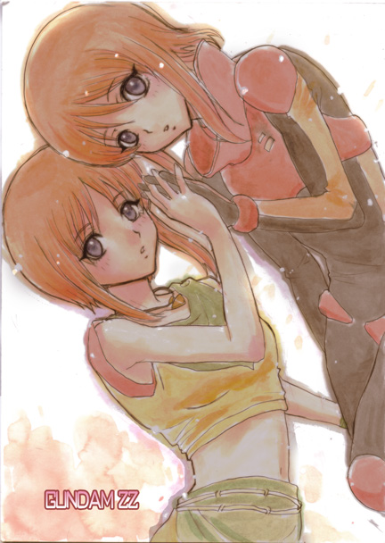 elpeo puru, gundam, gundam zz, orange hair, short hair, siblings, twins