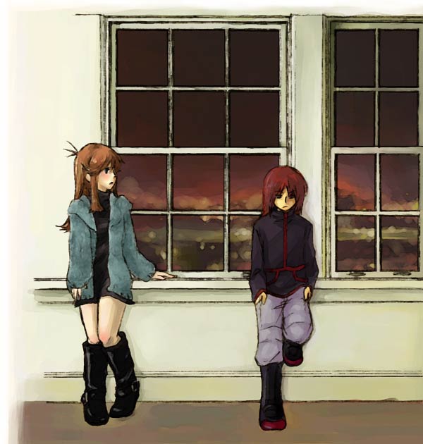 green (pokemon), silver (pokemon), nintendo, pokemon, pokemon adventures, pokemon gsc, pokemon rgby, artist request, source request, 1990s (style), black boots, black dress, boots, brown hair, dress, frown, height difference, indoors, jacket, legs, long hair, red hair, retro artstyle, short hair, sleeveless, sleeveless dress, standing, window