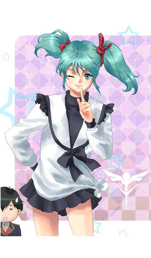 izumi rion, quess paraya, char's counterattack, gundam, 1980s (style), blue hair, oldschool, one eye closed, retro artstyle, short twintails, skirt, solo, star (symbol), twintails, uneven twintails, wink
