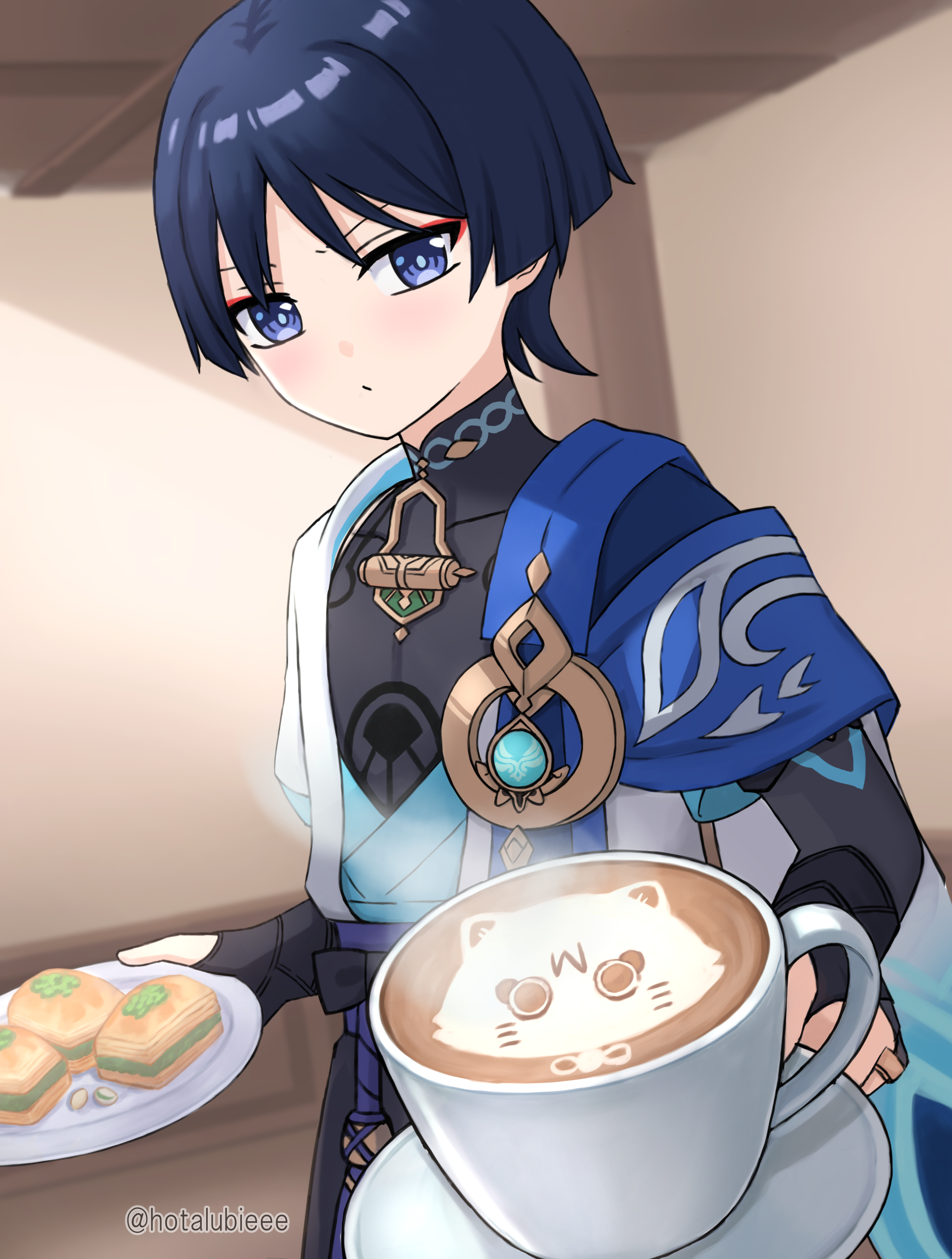 hotarubi (hotarubie), scaramouche (genshin impact), wanderer (genshin impact), genshin impact, absurdres, food request, highres, 1boy, anemo symbol (genshin impact), armor, arms at sides, black bodysuit, black bow, black bridal gauntlets, black hair, black shorts, blue cape, blue gemstone, blue kimono, blue sleeves, blunt ends, bodysuit, bow, bridal gauntlets, cape, closed mouth, coffee mug, covered collarbone, cup, eyeliner, eyeshadow, food, gem, gold, gold ring, grey pupils, holding, holding plate, incoming food, indoors, japanese armor, japanese clothes, juban, kimono, kote, kurokote, latte art, layered sleeves, light blush, looking at viewer, makeup, male focus, mandarin collar, middle ring, mug, open clothes, open kimono, parted bangs, plate, purple eyes, purple rope, purple sash, red eyeliner, red eyeshadow, rope, sash, short sleeves, shorts, shoulder peek, solo, tsurime, vision (genshin impact), white kimono, white sleeves, white trim, wispy bangs