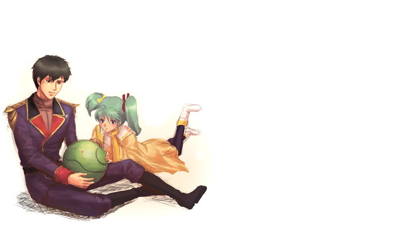 izumi rion, gyunei guss, haro, quess paraya, char's counterattack, gundam, uniform, 1boy, 1girl, ball, black hair, feet up, full body, green eyes, green hair, holding, long hair, short twintails, simple background, twintails, uneven twintails, white background