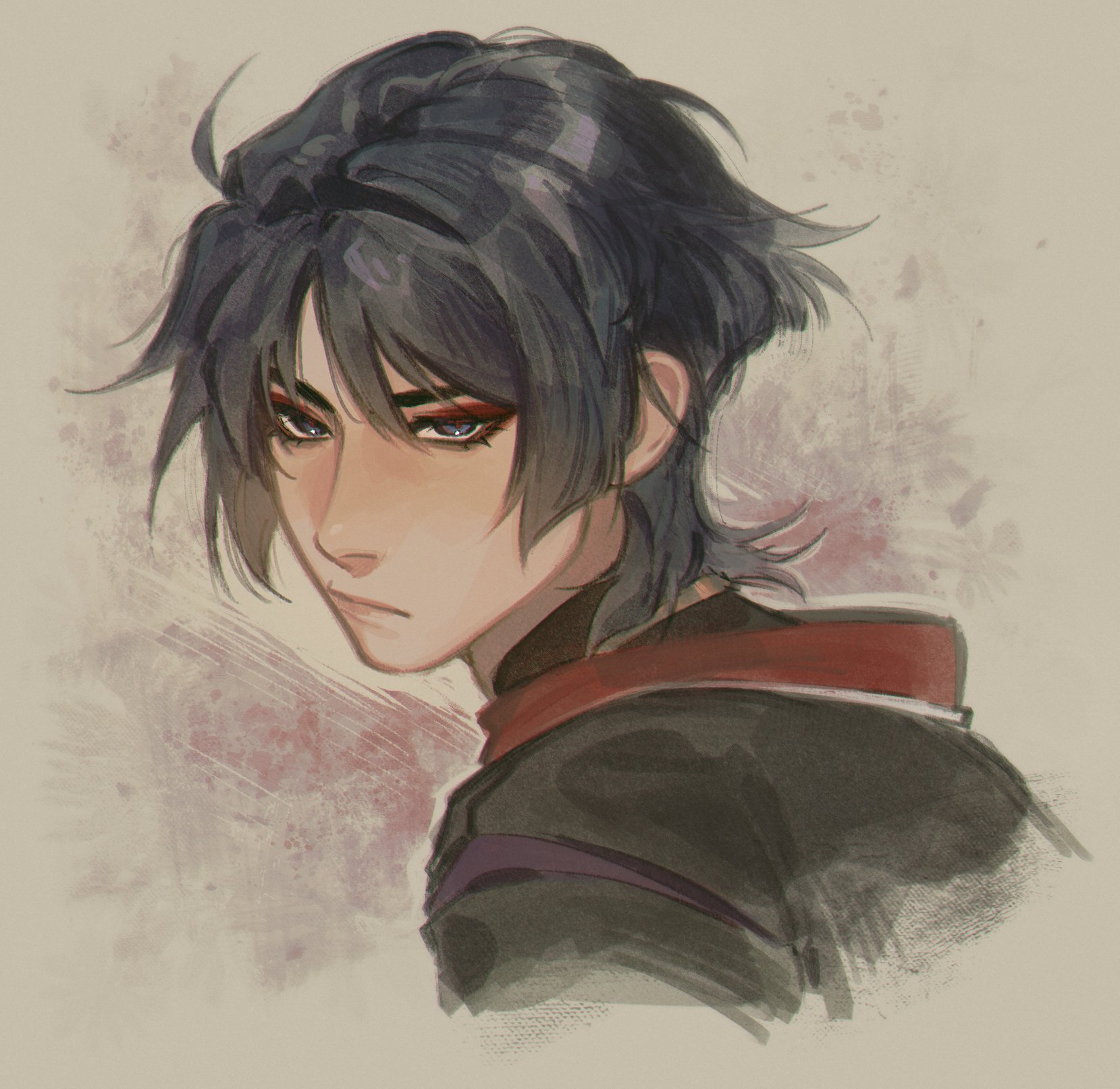 scaramouche (genshin impact), genshin impact, highres, 1boy, ahoge, black hair, black kimono, blunt ends, closed mouth, cropped torso, dokuseishi, eyelashes, eyeliner, eyeshadow, from side, gold, grey background, grey eyes, grey lips, hair intakes, japanese clothes, jewelry, juban, kimono, looking at viewer, makeup, male focus, neck ring, painterly, portrait, red eyeliner, red eyeshadow, red kimono, solo, tsurime