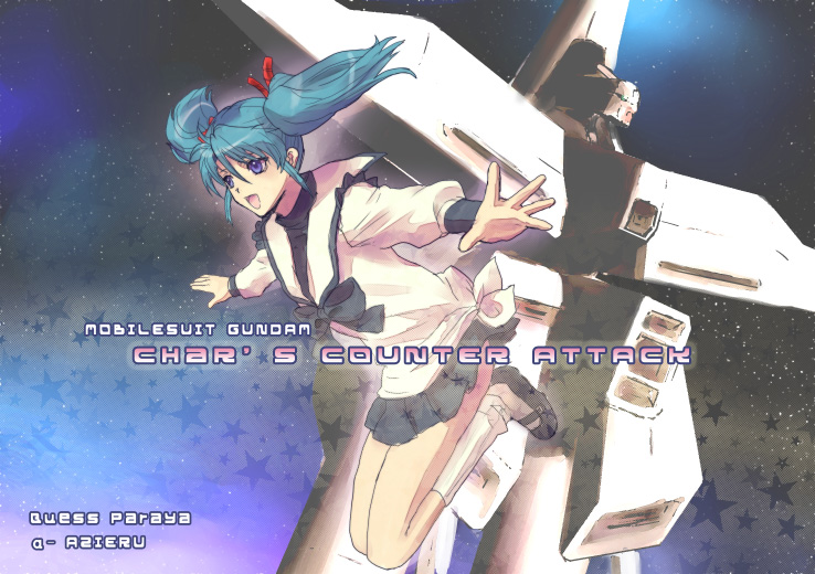 izumi rion, alpha azieru, quess paraya, char's counterattack, gundam, 1980s (style), blue hair, happy, jumping, oldschool, retro artstyle, skirt, socks, solo, space, star (symbol), twintails, uneven twintails