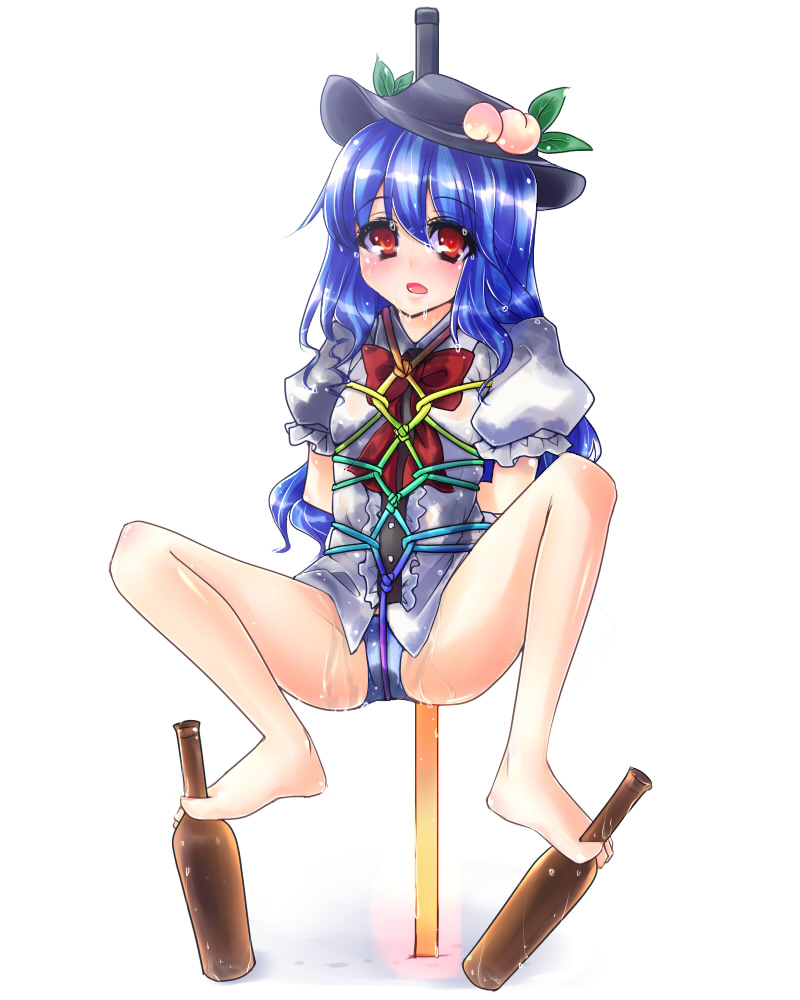mizu akane, sushikuugo (suisen), hinanawi tenshi, touhou, bad id, bad pixiv id, 1girl, barefoot, bdsm, between toes, blue hair, blue panties, bondage, bound, crotch rope, feet, female focus, food, fruit, hat, holding with feet, long hair, panties, peach, rope, shibari, shibari over clothes, solo, sword, sword of hisou, toes, underwear, weapon, wet