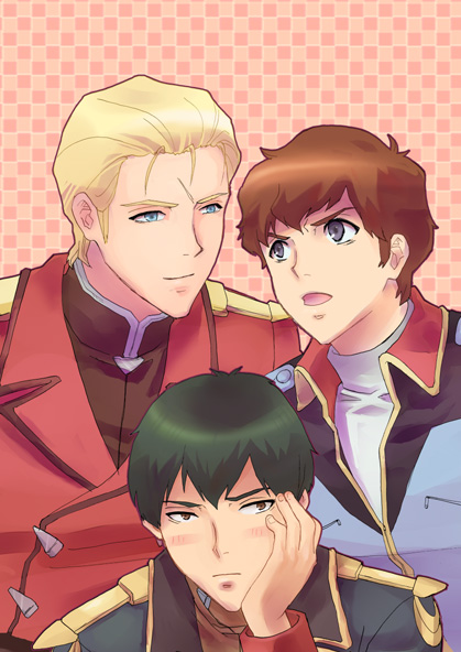 amuro ray, char aznable, gyunei guss, char's counterattack, gundam, 3boys, blush, male focus, military, military uniform, multiple boys, upper body