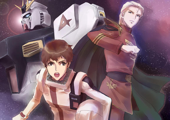 amuro ray, char aznable, nu gundam, char's counterattack, gundam, pilot suit, 2boys, belt, blonde hair, brown hair, cape, gradient background, grey eyes, helmet, lens flare, looking at viewer, looking to the side, male focus, mecha, military, military uniform, multiple boys, open mouth, robot, shoulder pads, space, spacesuit, star (sky), star (symbol), sun, teeth, unworn headwear, unworn helmet, zeon