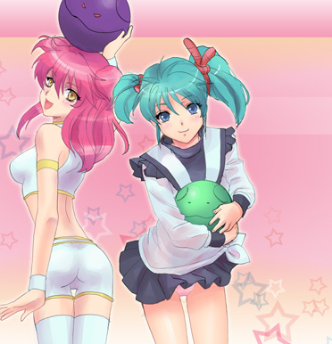 izumi rion, bad haro, haro, nena trinity, quess paraya, char's counterattack, gundam, gundam 00, lowres, 00s, blue eyes, blue hair, blush, green hair, midriff, miniskirt, panties, pink panties, red hair, short twintails, shorts, skirt, thighhighs, twintails, two side up, underwear, uneven twintails, yellow eyes, zettai ryouiki